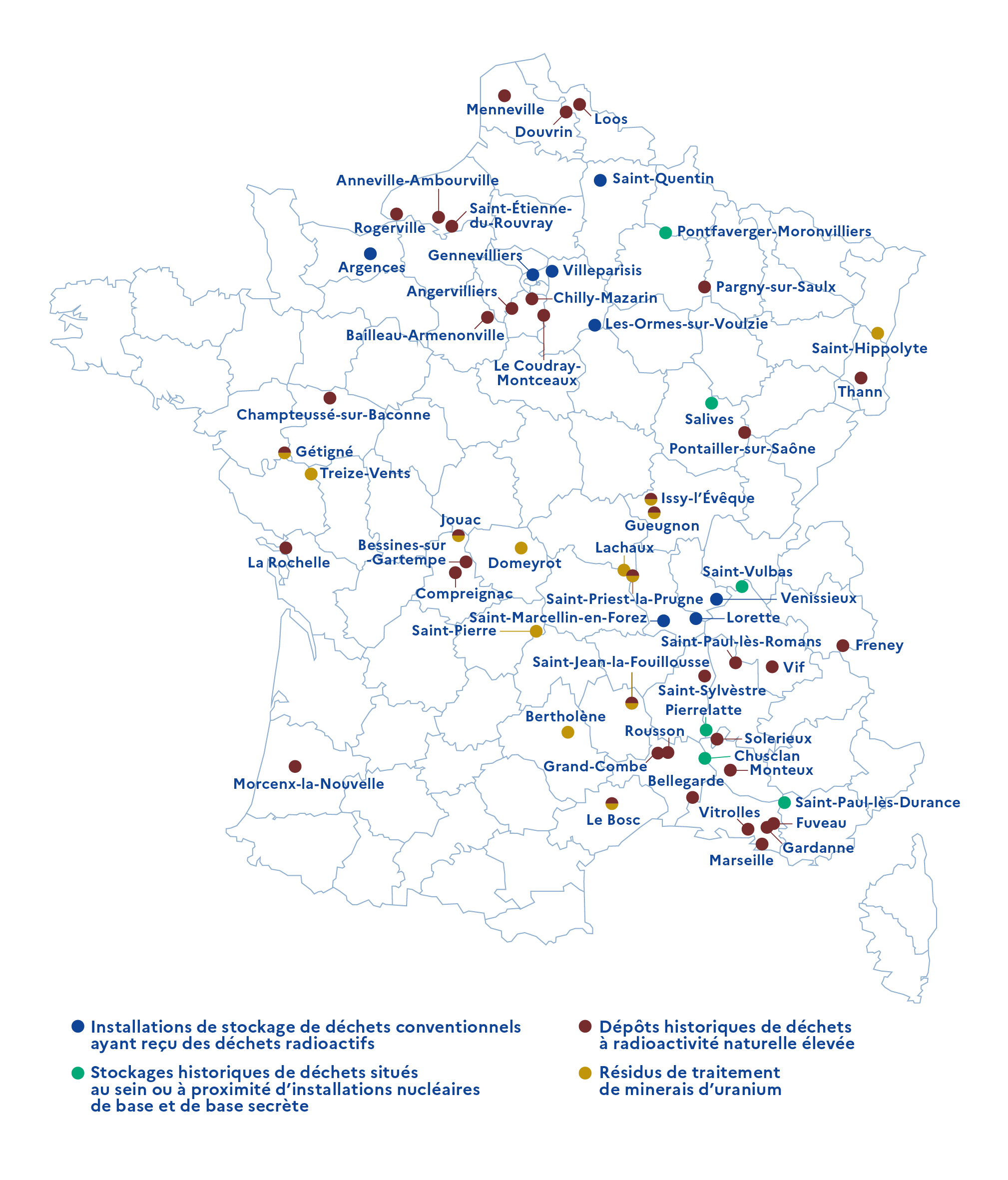 Localisation des déchets et résidus miniers ayant fait l'objet de modes de gestion spécifiques 2023 