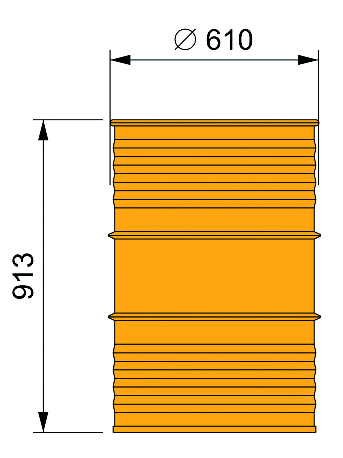 Schéma d’un fût métallique de résidus RRA (en mm)